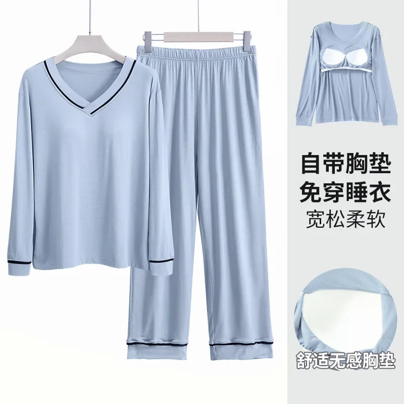 Plus Size Spring Pajamas Set Women's Long-sleeved Chest Pads T-Shirt Trousers Two-piece Suit Outerwear Loose Loungewear Homewear