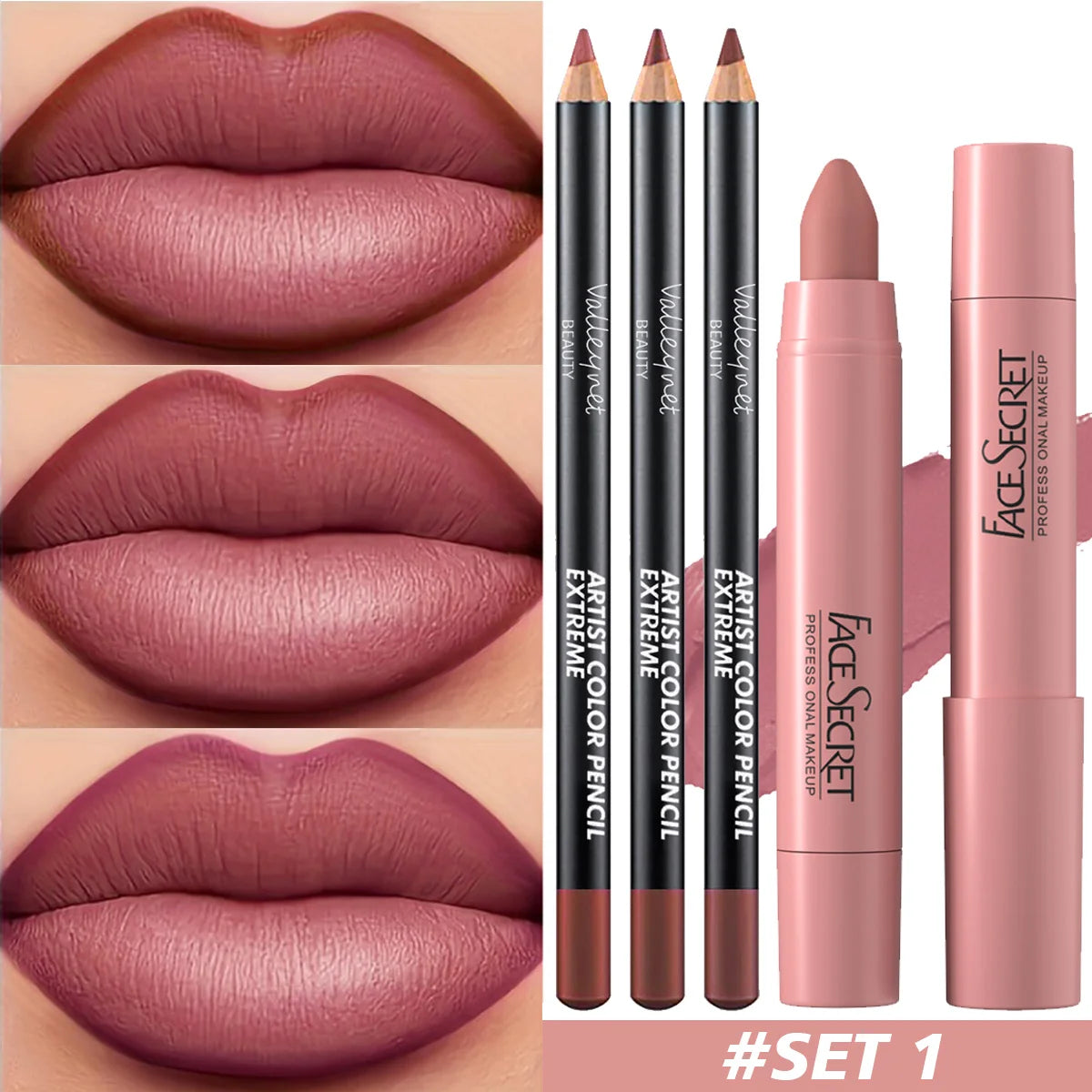 4Pcs/Set Ultra-Fine Wood Lipliner + Lipstick,Matte Velvet Lipstick - Long Lasting Waterproof Lip Combo Lip Makeup Set
