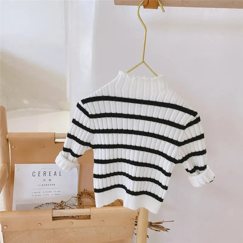 Autumn Winter Kids Sweaters Warm Stripe Solid Color Knit Pullovers Fashion Baby Knitwear Clothing