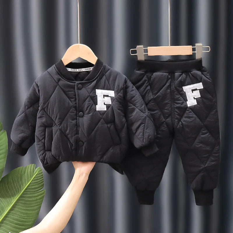 Winter Boys Clothing Sets Alphabet Fashion Warm Coat And Pants 2Pcs Boys Suits Birthday Gifts New 1 2 3 4 5 Years Kids Clothes
