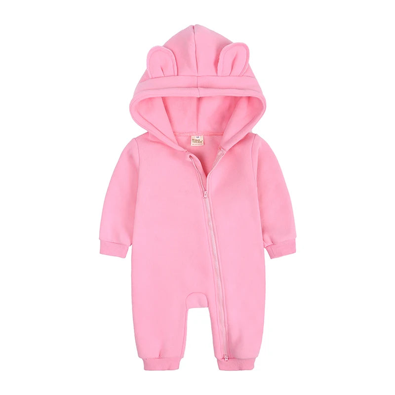 Winter Baby Boy Girl Clothing Cute Bear Ear Fleece Hooded Jumpsuit Knitted Zipper Cotton Rompers New Born Baby Clothes