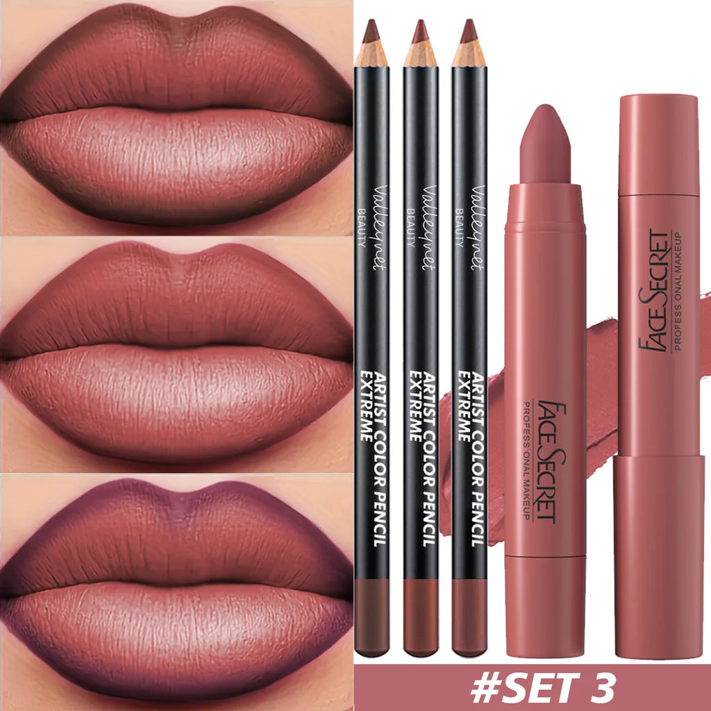 4Pcs/Set Ultra-Fine Wood Lipliner + Lipstick,Matte Velvet Lipstick - Long Lasting Waterproof Lip Combo Lip Makeup Set