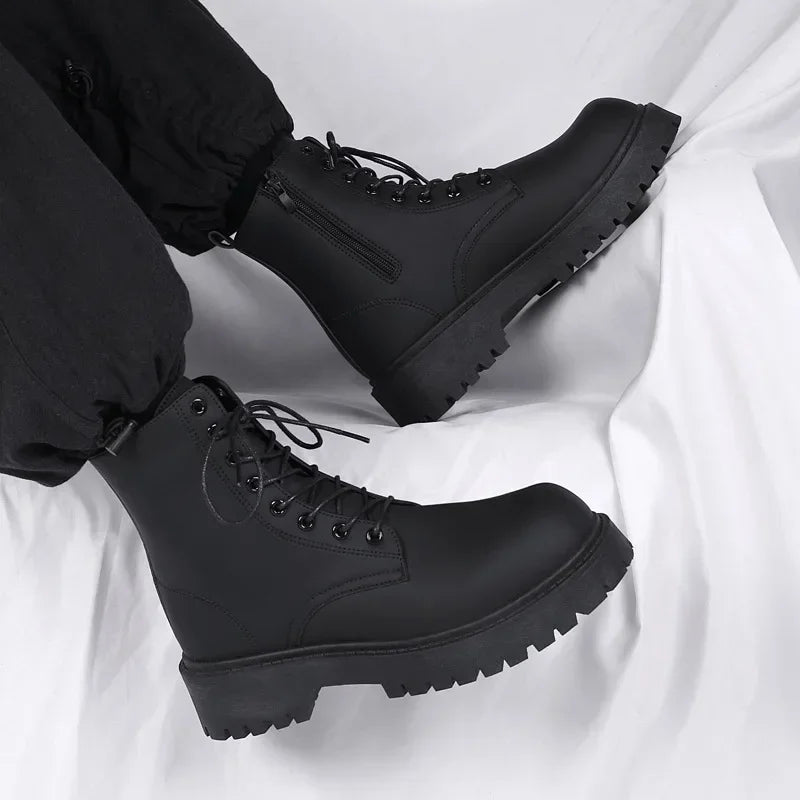 2025 hot sale Spring New Fashion Casual Simple Black British Style Men's Boots High Top Waterproof Casual Leather Boots