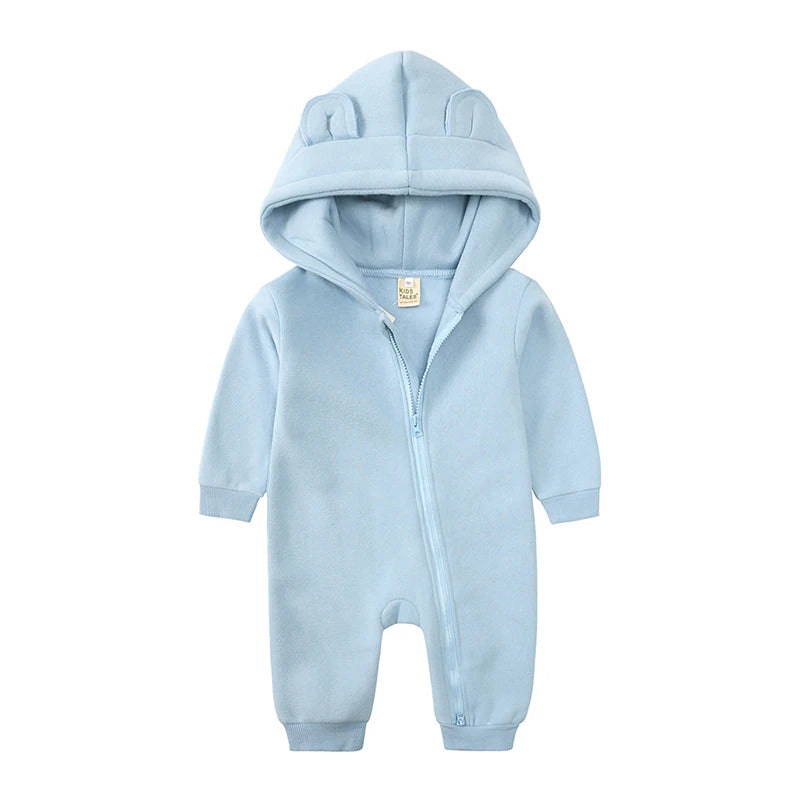 Winter Baby Boy Girl Clothing Cute Bear Ear Fleece Hooded Jumpsuit Knitted Zipper Cotton Rompers New Born Baby Clothes