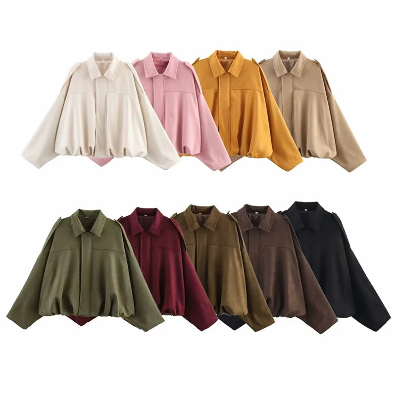YENKYE New 2025 Women Suede Textured Jacket Long Sleeve Lapel Collar Loose Coats Casual Female Outerwear Chic Tops