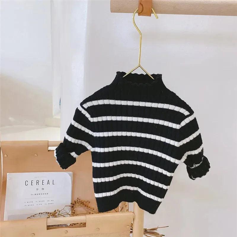Autumn Winter Kids Sweaters Warm Stripe Solid Color Knit Pullovers Fashion Baby Knitwear Clothing