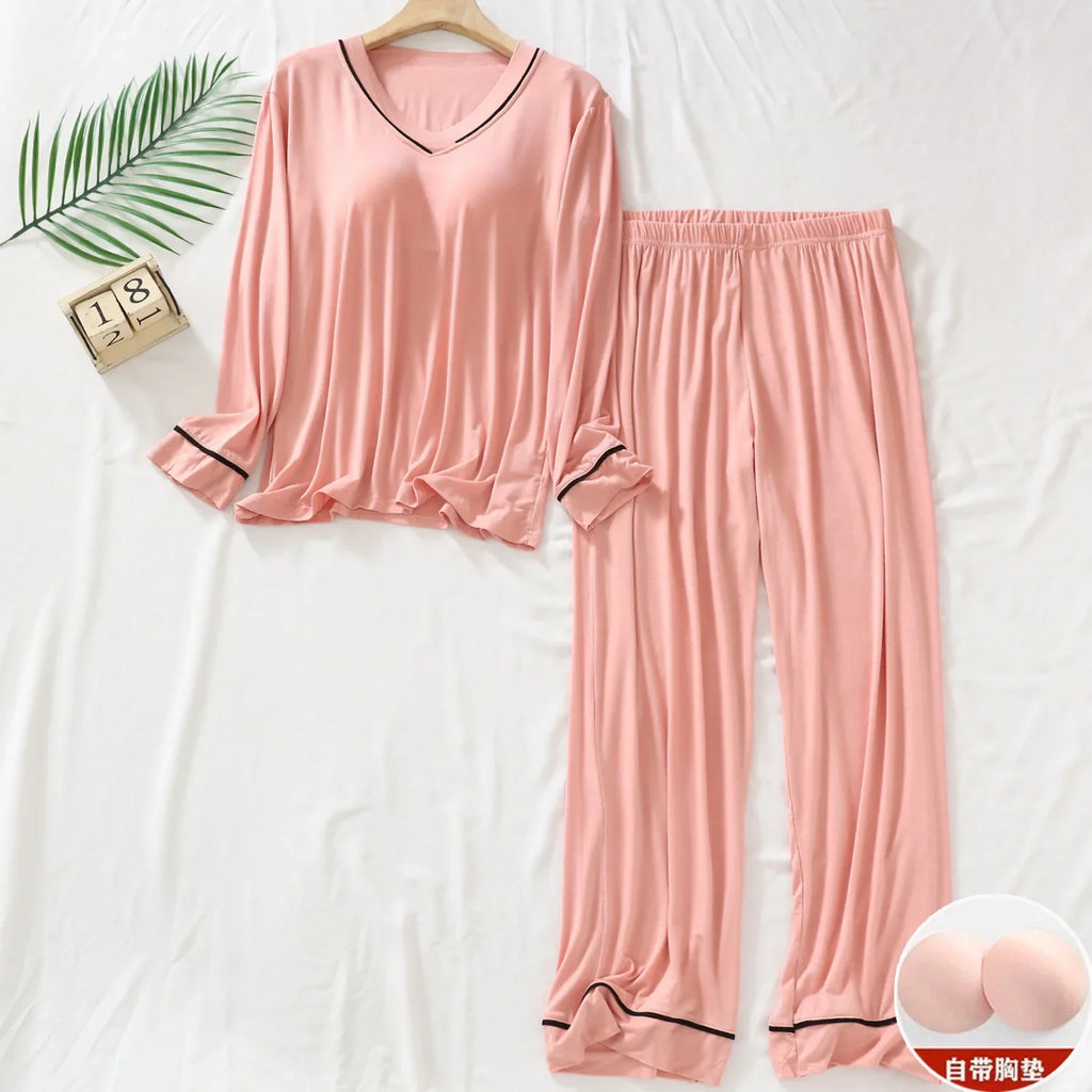 Plus Size Spring Pajamas Set Women's Long-sleeved Chest Pads T-Shirt Trousers Two-piece Suit Outerwear Loose Loungewear Homewear