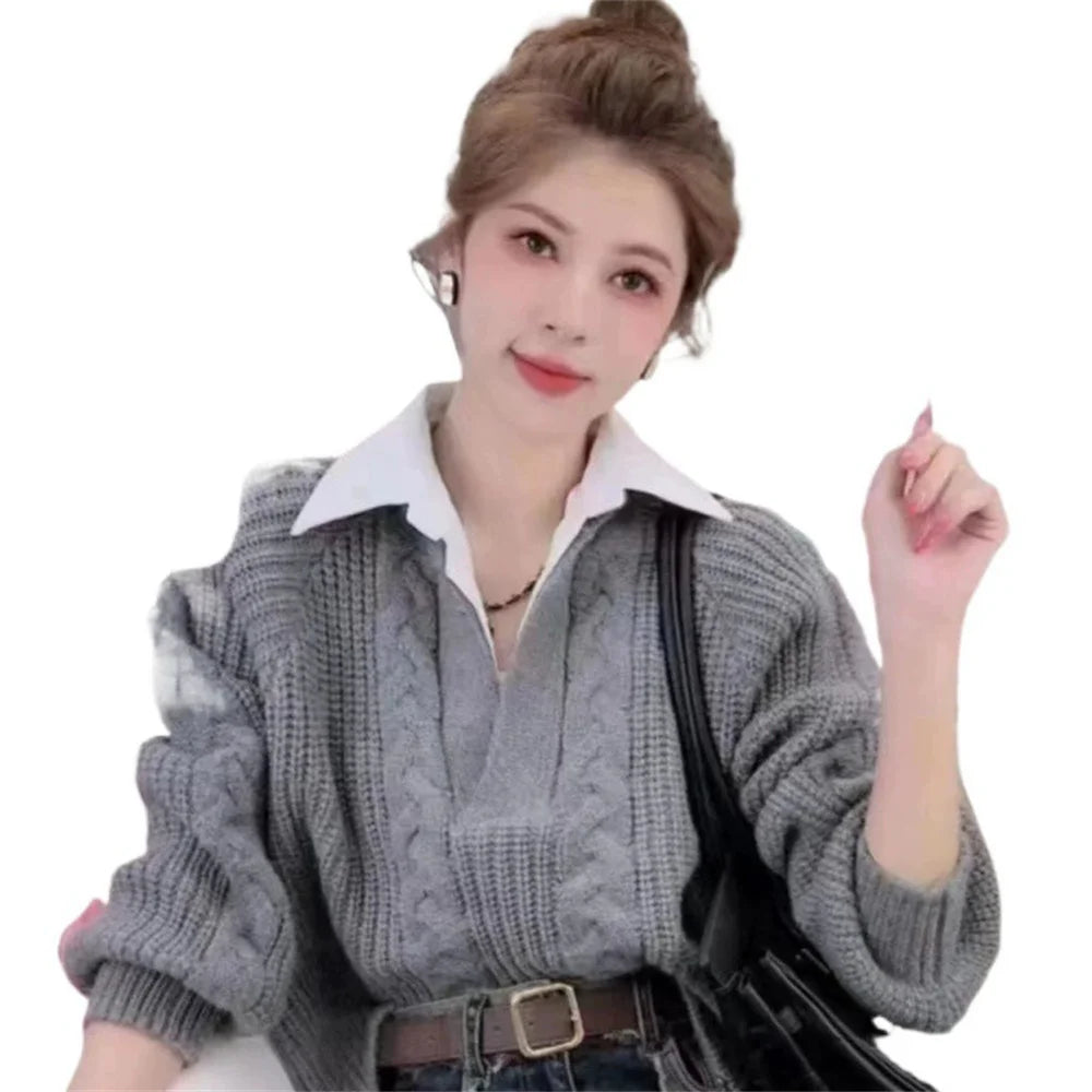 2025 Fashion New Casual Fall Winter Fake Two-piece Knitted Top for Women Autumn and Winter Long Sleeves Sweater for Women Tops