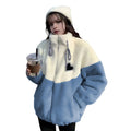 Winter Women Coat Thick Plush Stand Collar Zipper Closure Velvet Jacket Colorblock Long Sleeves Pockets Cardigan Outerwear