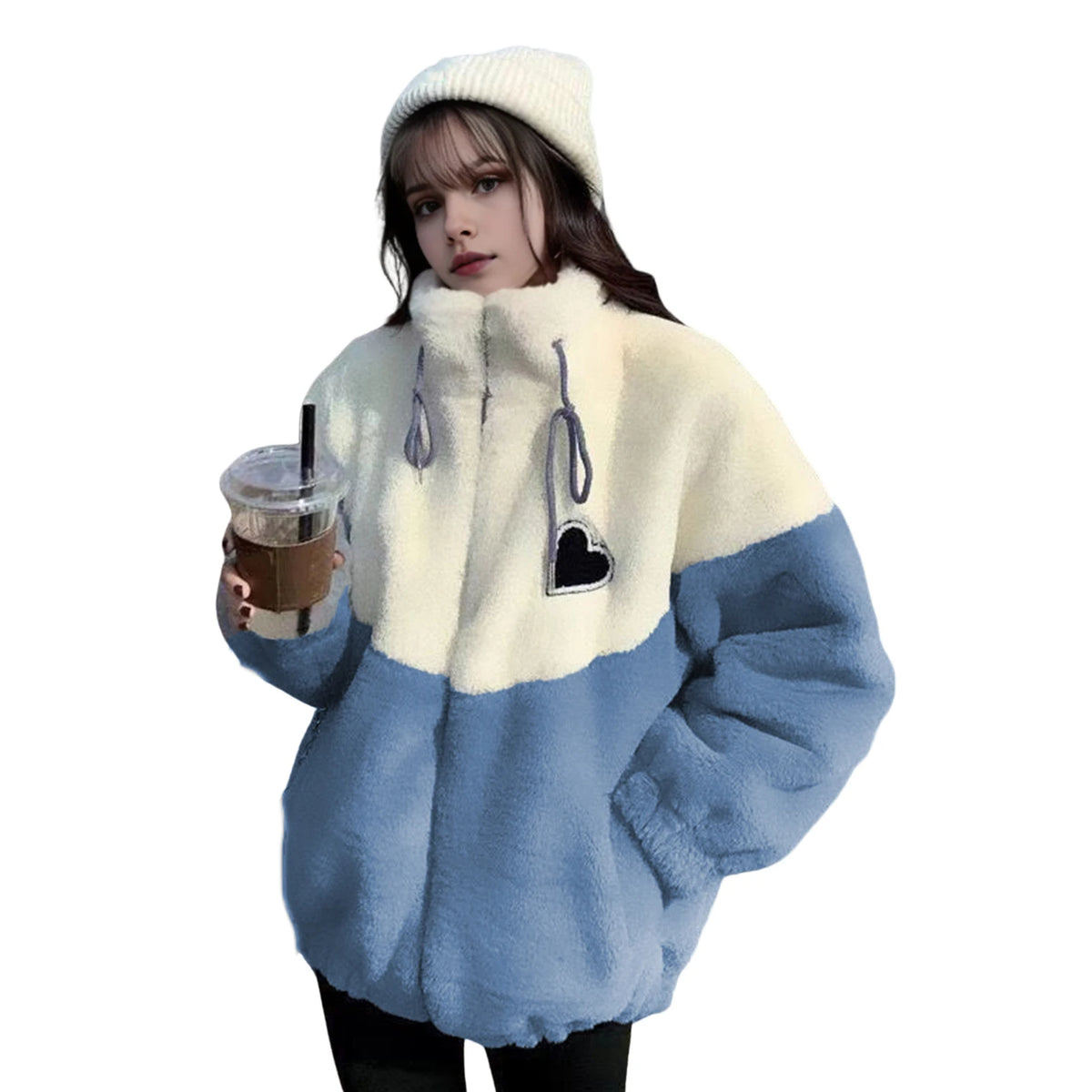 Winter Women Coat Thick Plush Stand Collar Zipper Closure Velvet Jacket Colorblock Long Sleeves Pockets Cardigan Outerwear