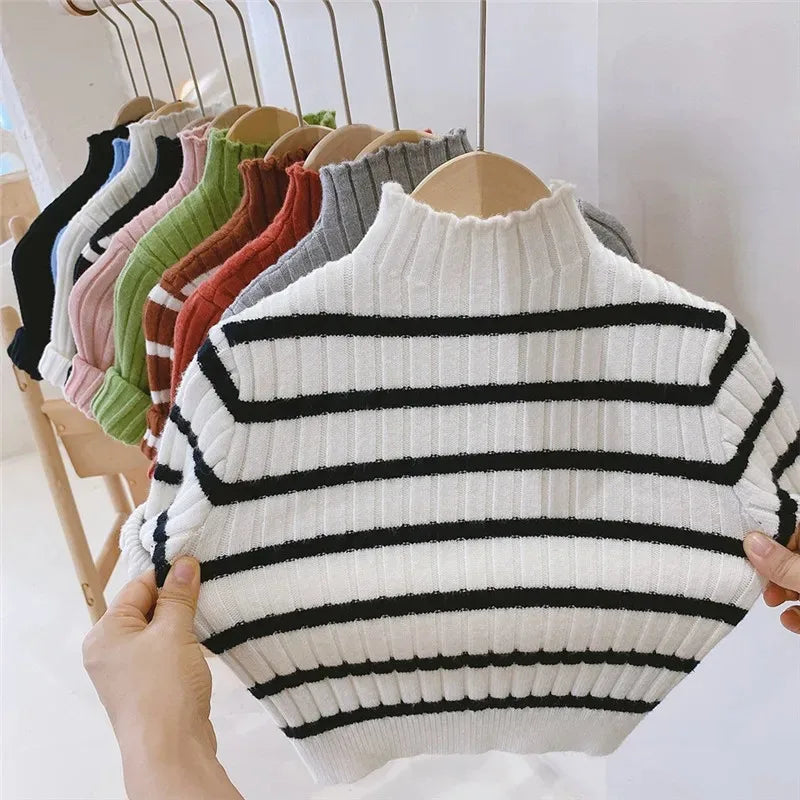 Autumn Winter Kids Sweaters Warm Stripe Solid Color Knit Pullovers Fashion Baby Knitwear Clothing