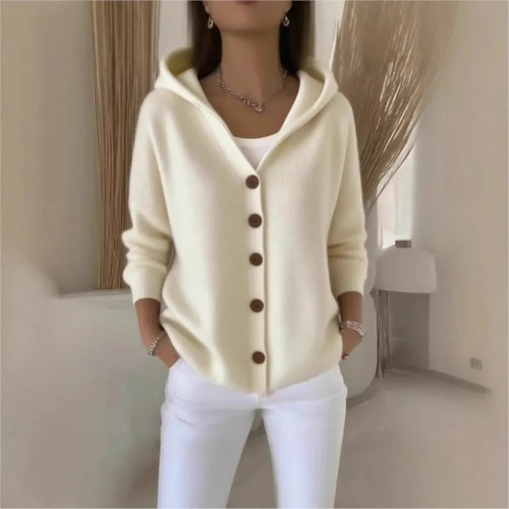 Solid Color Button Knit Hooded Sweater Cardigan Jacket For Autumn Winter New Casual Fashionable Women's Clothing Pulls Femmes