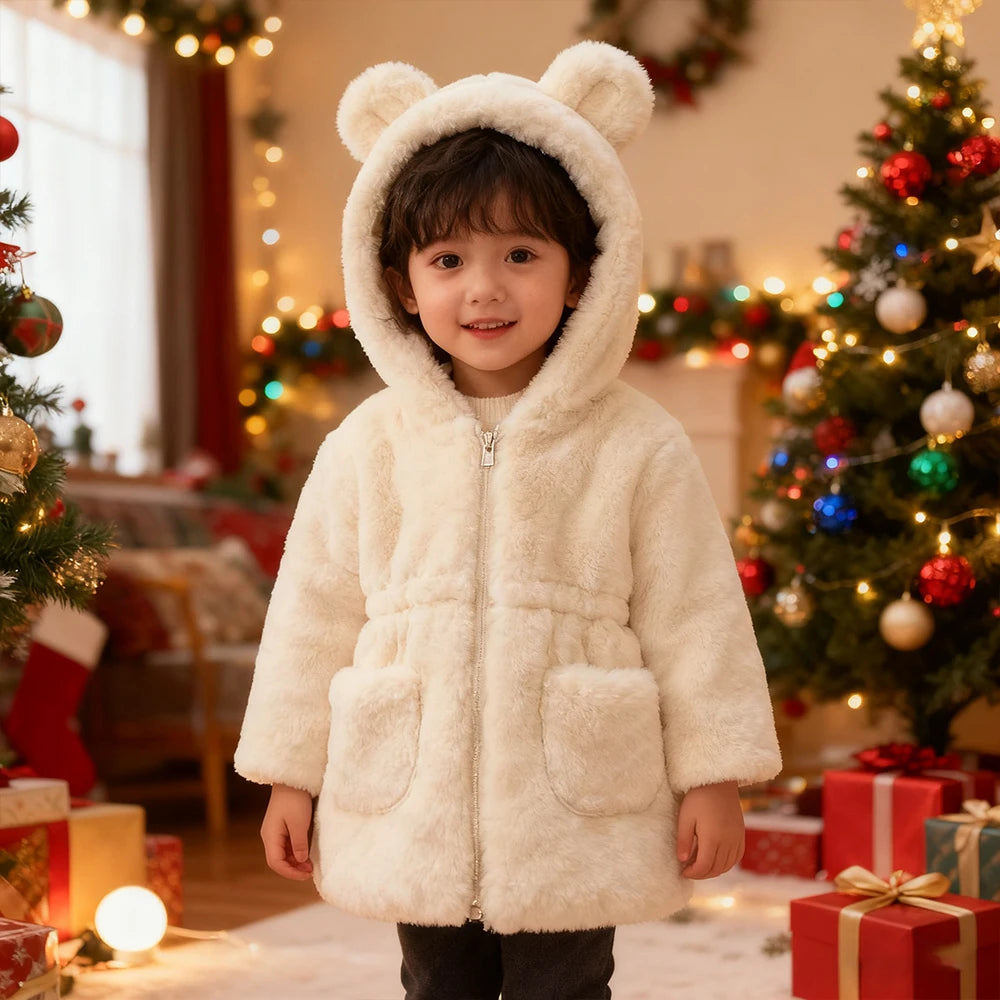 Solid Color Girls Winter Coat Fleece Thickened Kids Hooded Jacket Keep Warm Girls' autumn clothes White Pink Children's clothing