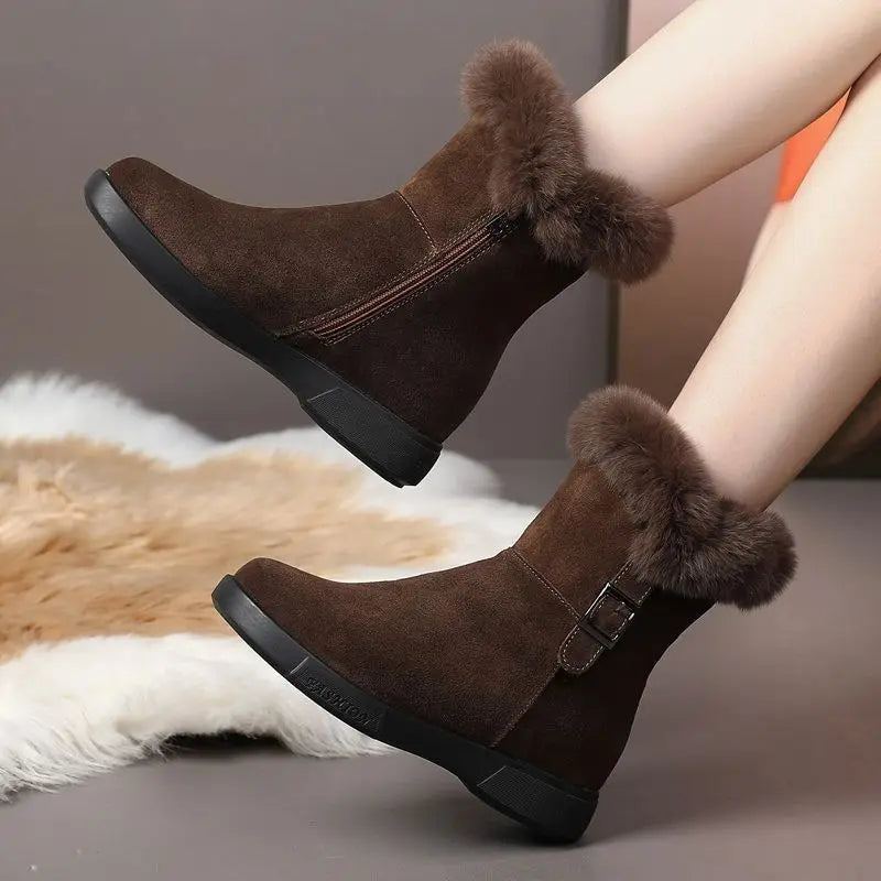 2024 Women's Winter Fashion Leather Warm Snow Boots with Plush Thick Soles Comfortable Non-Slip Cotton Shoes