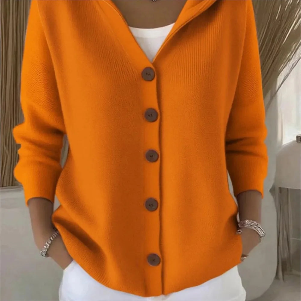 Solid Color Button Knit Hooded Sweater Cardigan Jacket For Autumn Winter New Casual Fashionable Women's Clothing Pulls Femmes