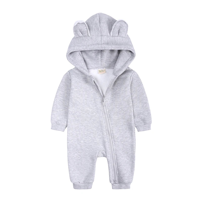 Winter Baby Boy Girl Clothing Cute Bear Ear Fleece Hooded Jumpsuit Knitted Zipper Cotton Rompers New Born Baby Clothes