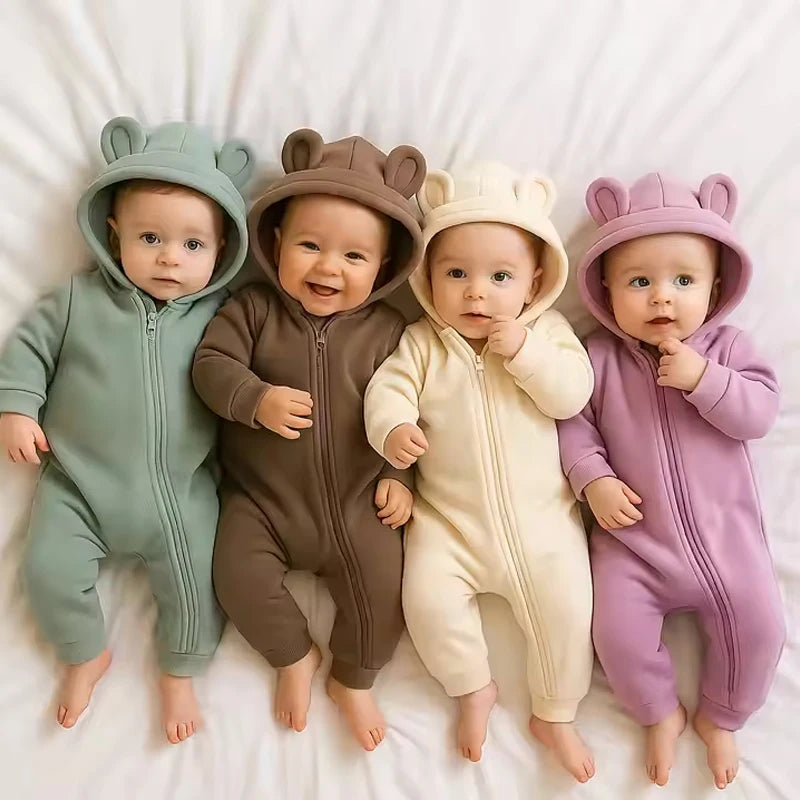 Winter Baby Boy Girl Clothing Cute Bear Ear Fleece Hooded Jumpsuit Knitted Zipper Cotton Rompers New Born Baby Clothes