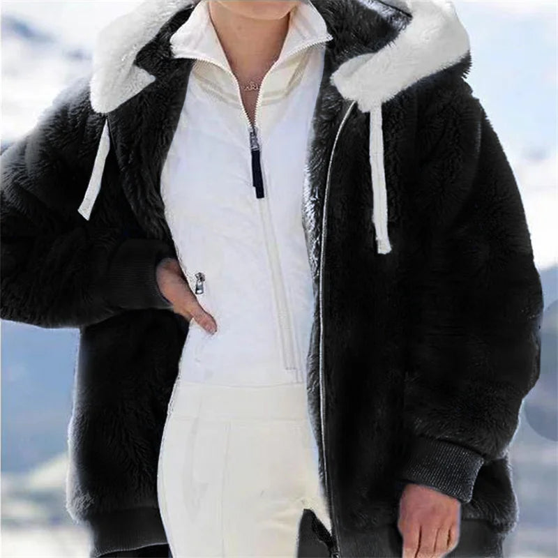 Women Winter Warm Faux Fur Jacket Plush Coat New Casual Hooded Fashion Zipper Soft Fleece Cashmere Jackets Female Thick Clothing