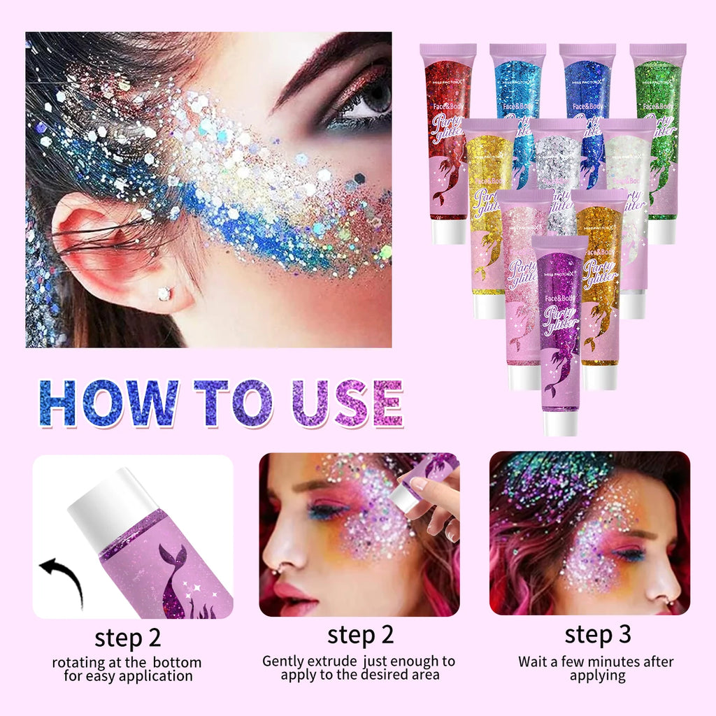 10 Piece Body Glitter Gel, Carnival Face Glitter Cosmetics Suitable for Women, Shiny Thick Hair Glitter, Carnival Accessories Fo