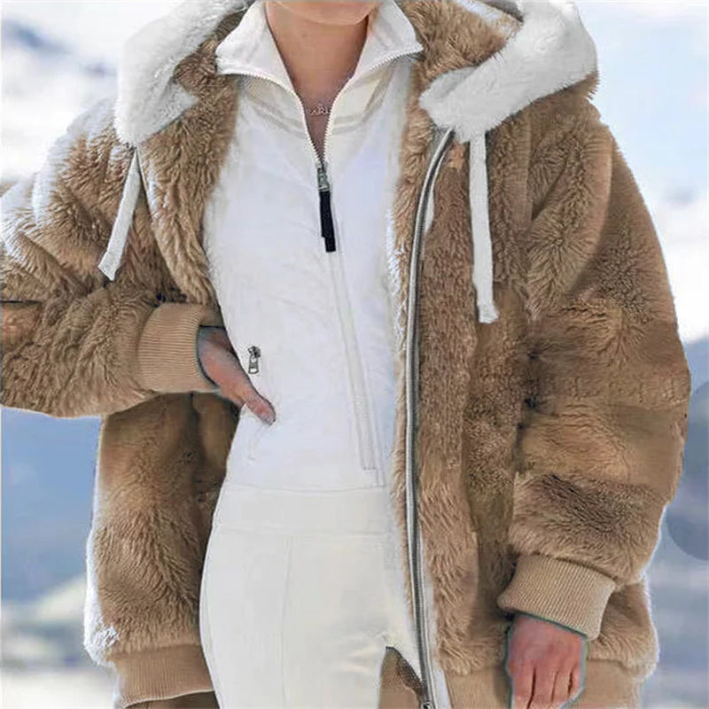 Women Winter Warm Faux Fur Jacket Plush Coat New Casual Hooded Fashion Zipper Soft Fleece Cashmere Jackets Female Thick Clothing