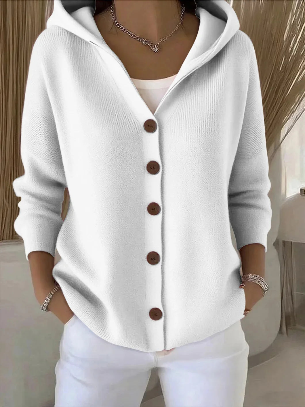 Solid Color Button Knit Hooded Sweater Cardigan Jacket For Autumn Winter New Casual Fashionable Women's Clothing Pulls Femmes