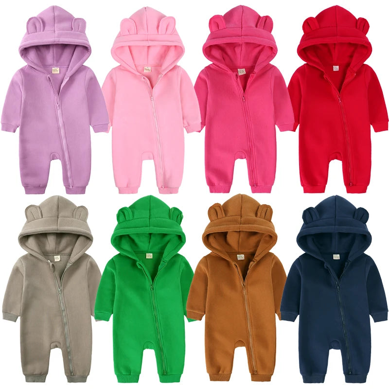 Winter Baby Boy Girl Clothing Cute Bear Ear Fleece Hooded Jumpsuit Knitted Zipper Cotton Rompers New Born Baby Clothes