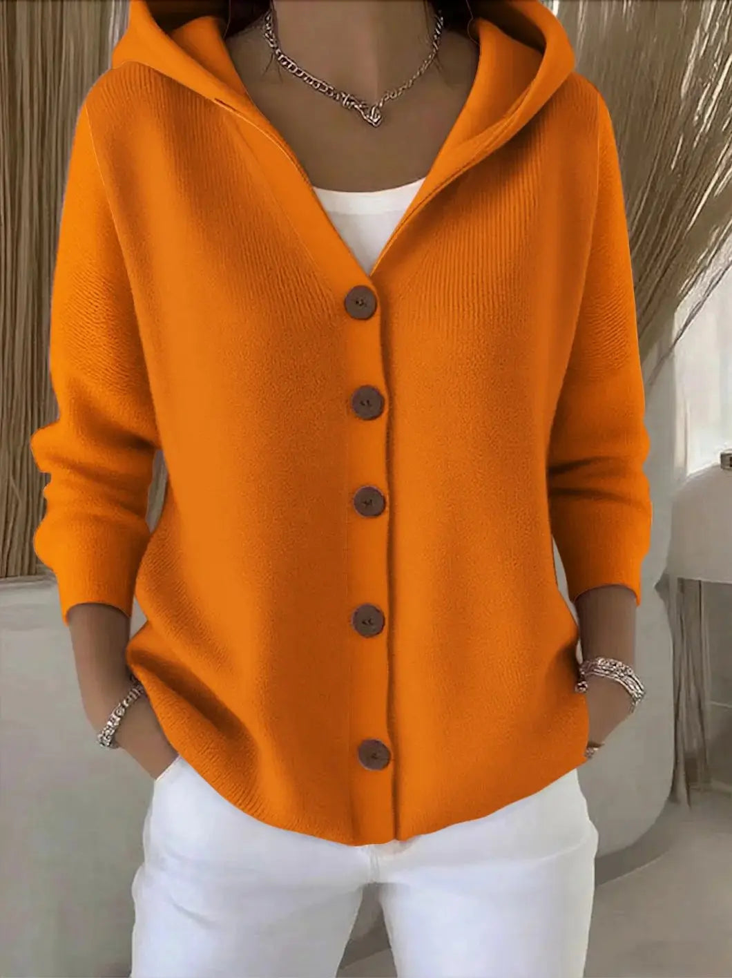 Solid Color Button Knit Hooded Sweater Cardigan Jacket For Autumn Winter New Casual Fashionable Women's Clothing Pulls Femmes