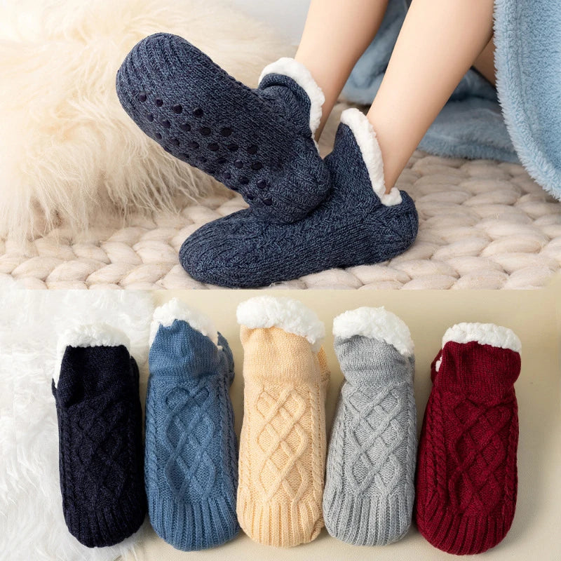 1 Pair Men Socks Women Socks Winter Plus Fleece Thickened Home Floor Socks Warm Indoor Glue Socks Solid Color Floor Socks