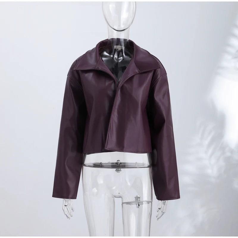 Street Pu Leather Women Jacket Elegant Long Sleeve Zippers Stand Collar Female Outwear 2026 Autumn Winter Chic Lady Coat