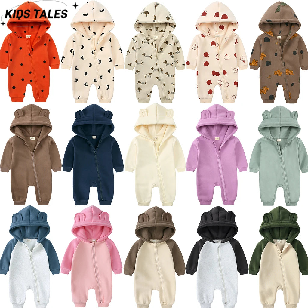 0-24M Cute Newborn Baby Romper Winter Thicken Fleece Warm Clothes Infant Hooded Bear Onesie Toddler Boy Girl Jumpsuits Pajamas