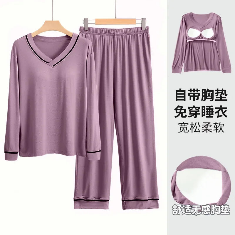 Plus Size Spring Pajamas Set Women's Long-sleeved Chest Pads T-Shirt Trousers Two-piece Suit Outerwear Loose Loungewear Homewear