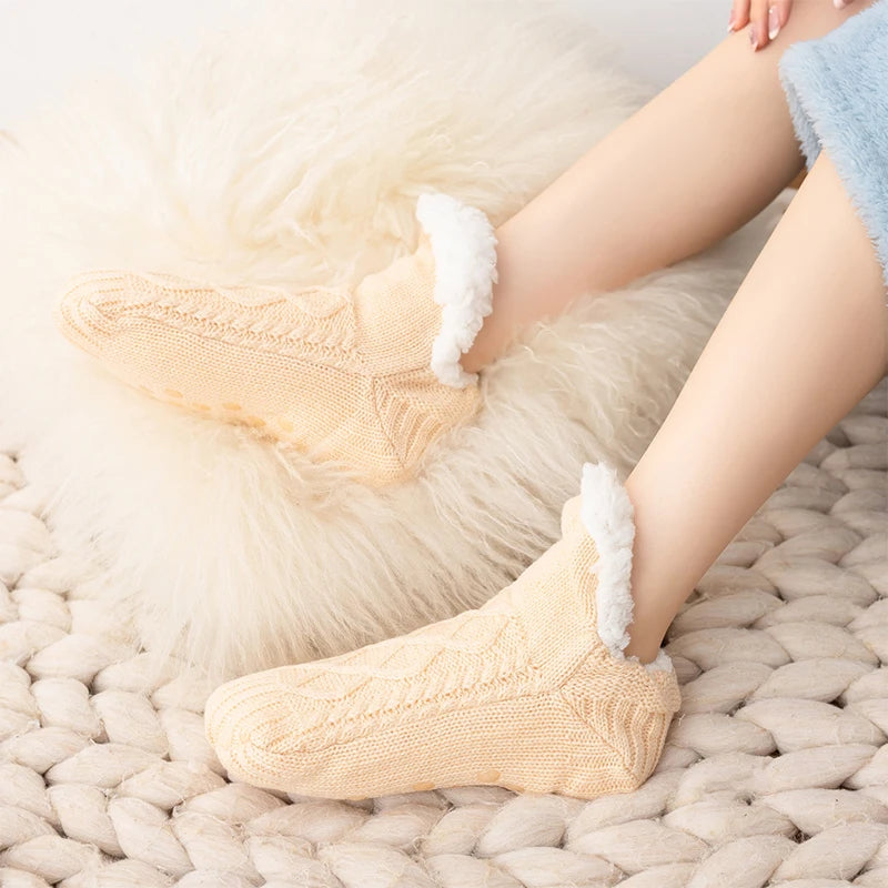 1 Pair Men Socks Women Socks Winter Plus Fleece Thickened Home Floor Socks Warm Indoor Glue Socks Solid Color Floor Socks